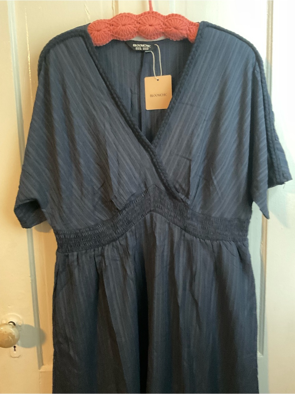 BloomChic Navy Textured V-Neck Dress